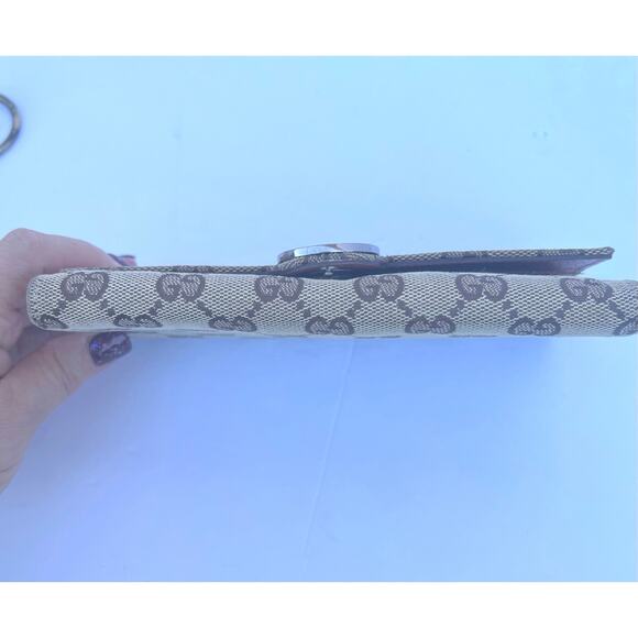 Gucci Eclipse Continental GG Monogram Brown Canvas Leather Trim Trifold Wallet - Picture 11 of 14